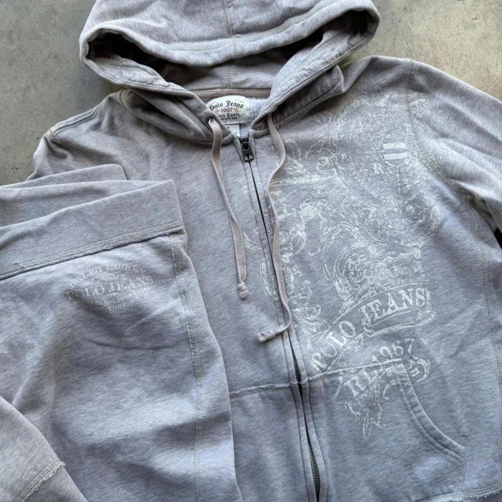 Vintage Y2K cream Polo Ralph Lauren zip up hoodie and baggy sweatpants set
